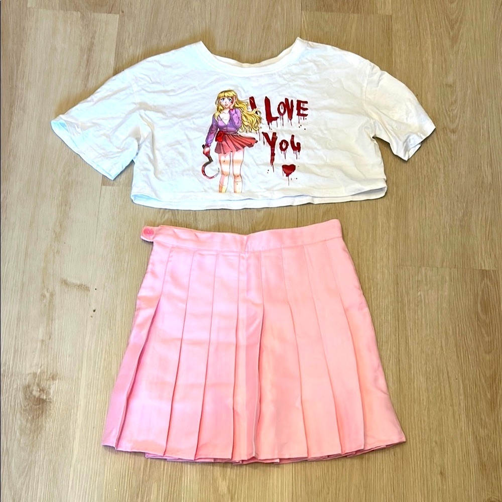 2/$20- Graphic Crop Top and Pink Pleated Skirt Costume Set Small